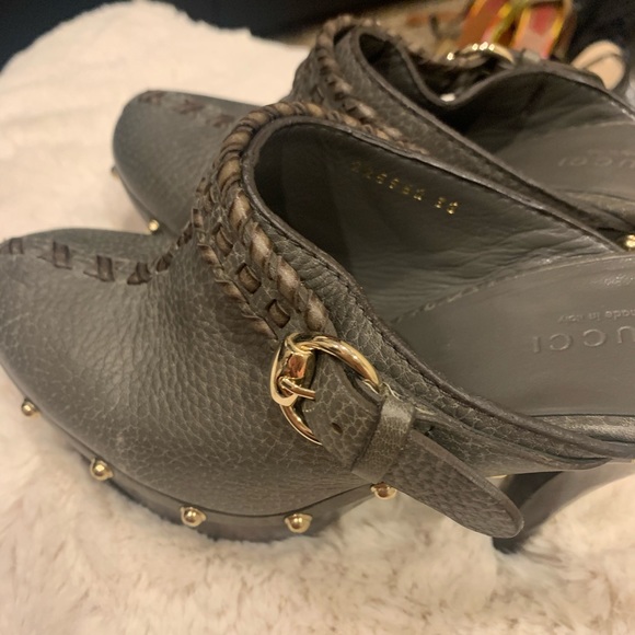 Gucci Grey Leather Studded Platform High Heel Clog - Picture 7 of 7